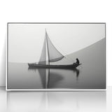 Mid-century modernist sailboat print in acrylic, framed in white, ideal for nursery wall art.