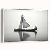 Sailboat on a calm sea, vintage poster art on framed canvas with muted blue and white tones, ideal for bedroom wall decor.