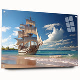 Acrylic print of a side view of a sailboat, using cool blue and white tones.