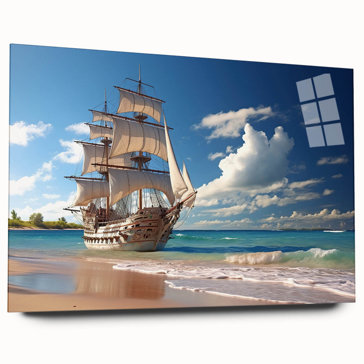 Side view of a sailboat on acrylic glass, featuring cool blue and white tones, suitable for bedroom or dining room art.