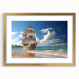 Textured art of an abstract sailboat in muted blue and white tones, acrylic print with gold frame, suitable for bedroom art.