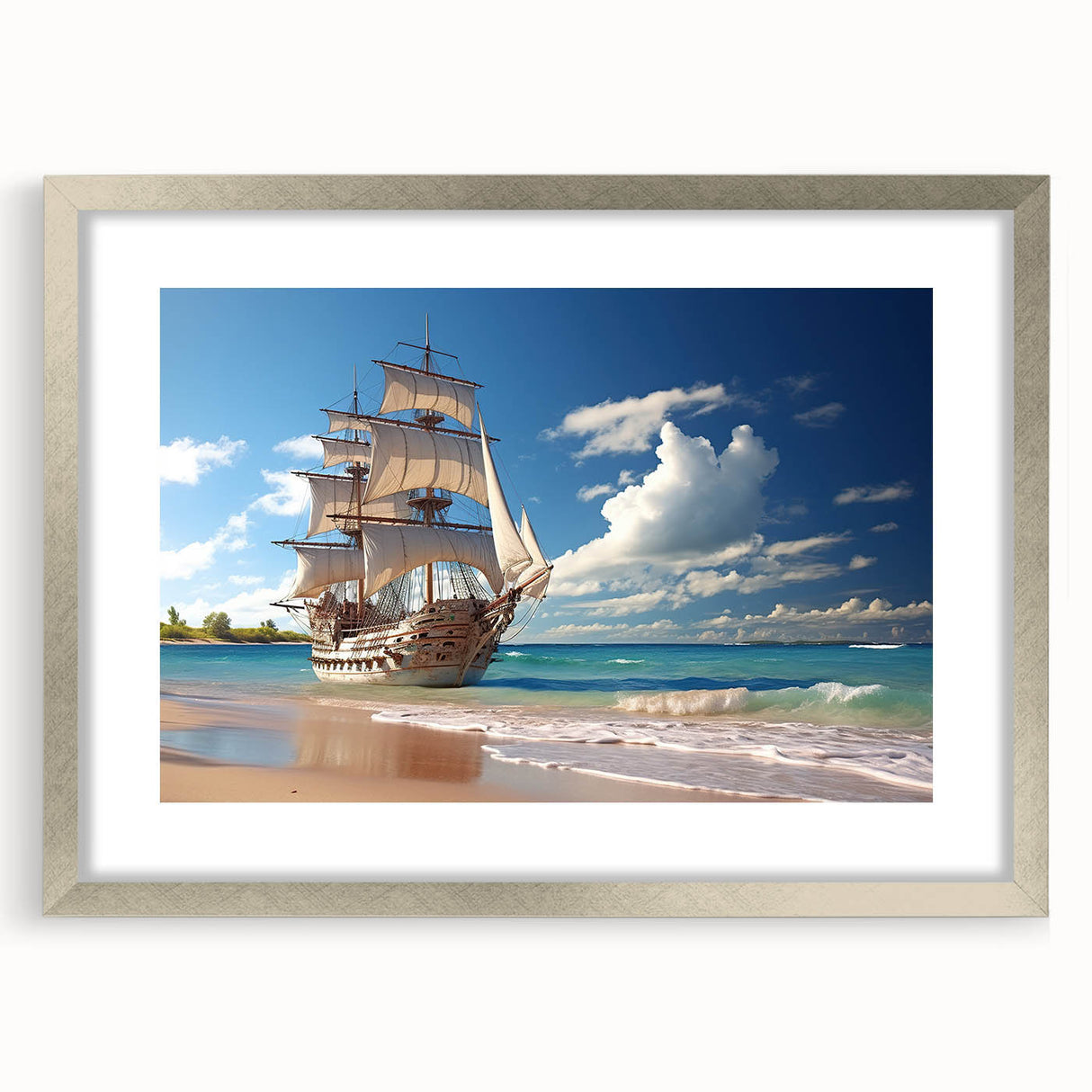 Abstract art print of a stylized sailboat in cool blue and silver tones on a framed canvas, suitable for dining room decor.