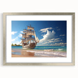 Abstract art print of a stylized sailboat in cool blue and silver tones on a framed canvas, suitable for dining room decor.