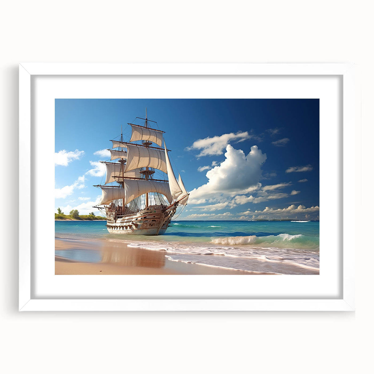 Abstract art print of a sailboat in textured blue and white tones on a large framed canvas, suitable for living room decor.