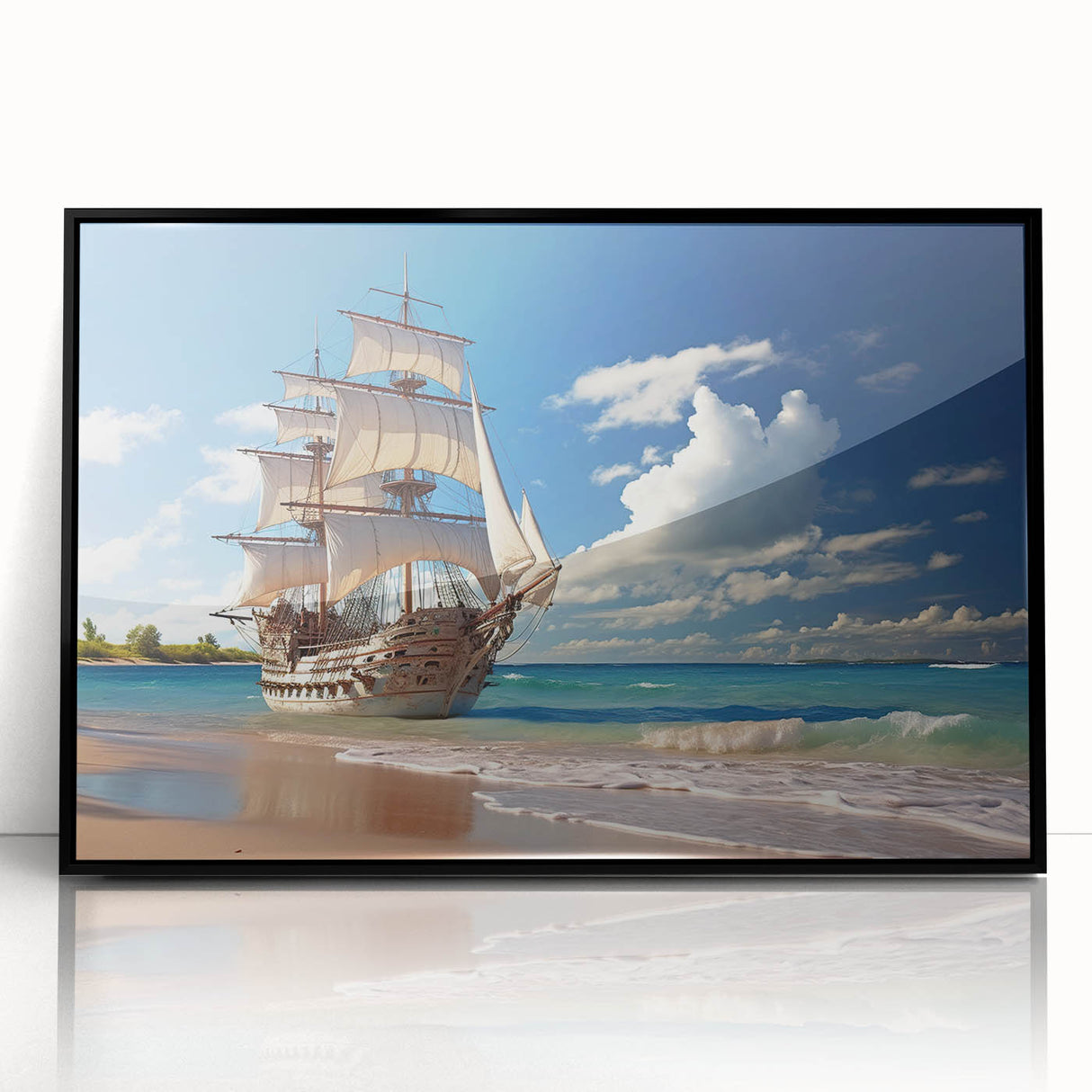 Large abstract wall art featuring a sailboat, in muted blue and white tones on a black acrylic frame.