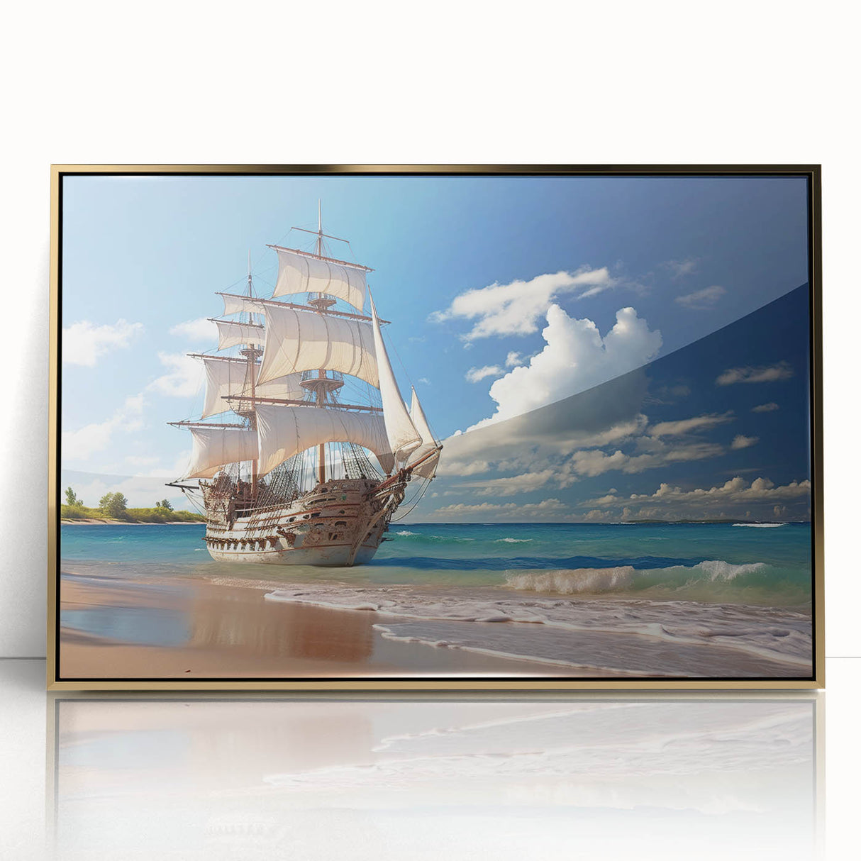 Mid-century modernist sailboat acrylic print in muted blues and whites, framed in gold, ideal for nursery wall art.
