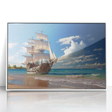 Mid-century modernist style sailboat on calm waters, acrylic print in white frame, suitable for modern art wall decor.