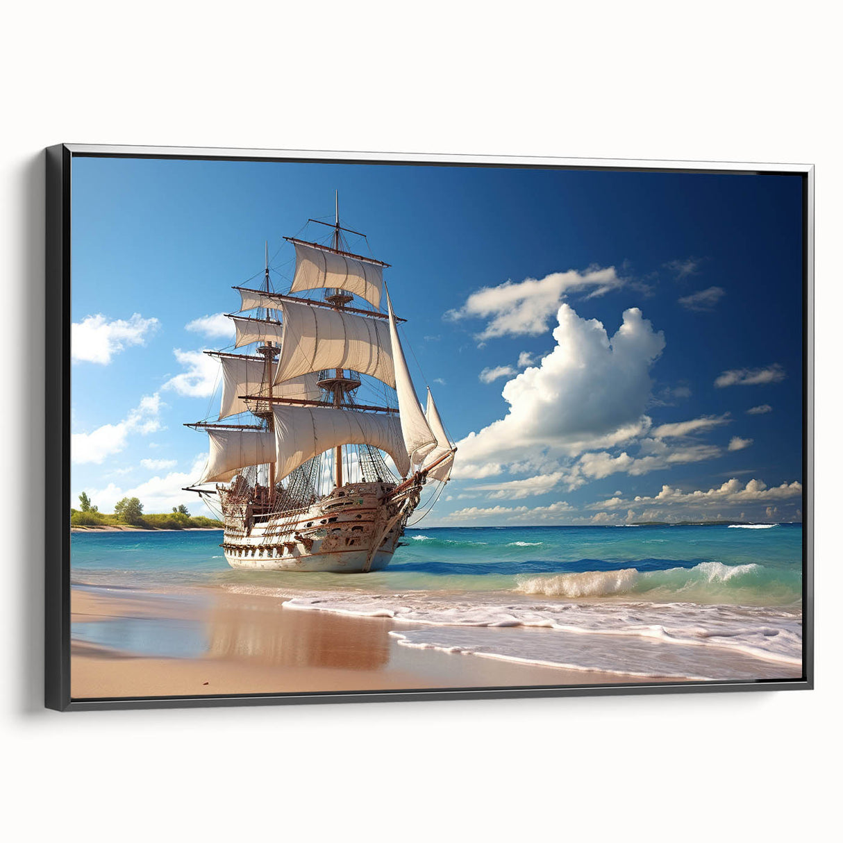 Black and white framed canvas of a vintage sailboat, ideal for bedroom wall art.