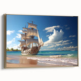 Framed canvas of a vintage-style sailboat in a colorful landscape, ideal for nautical-themed room decor.