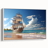 Framed canvas featuring a side view of a vintage sailboat in black and white, ideal for bedroom wall art.