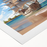 Art deco style poster featuring a vintage sailboat, rendered in muted blue and white tones on rolled canvas.