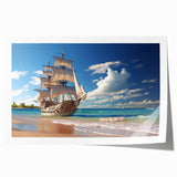 Sailboat on calm waters in muted blue and gray tones, rolled print, suitable for art wall dining room.