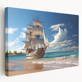Sailboat on calm sea depicted in muted blue and white tones on stretched canvas, suitable for kitchen wall art.