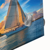 Large abstract sailboat print in pastel blues and greens on acrylic glass.