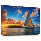 Acrylic print of a sailboat in vibrant blue and white tones, suitable for bedroom or dining room decor.