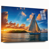 Acrylic print of a large abstract sailboat in shades of blue and white, ideal for bedroom or dining room art.