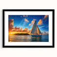Extra large abstract art print of colorful sailboats on textured canvas, framed in black, ideal for living room decor.