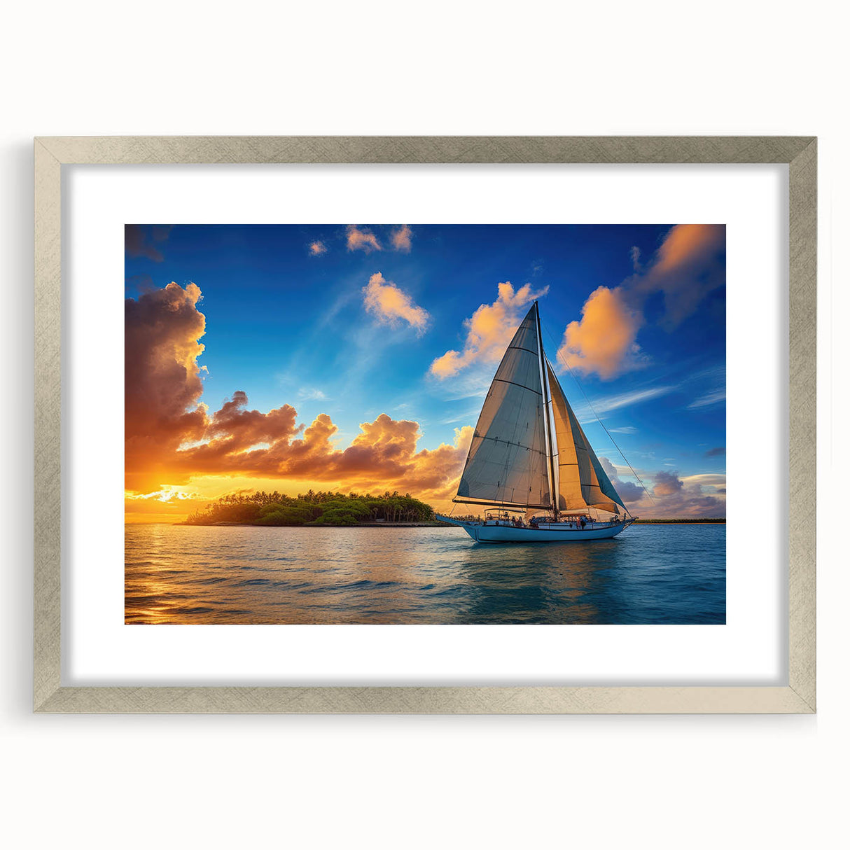 Abstract art print of a sailboat in muted blue and white tones on a framed silver mat, ideal for dining room decor.