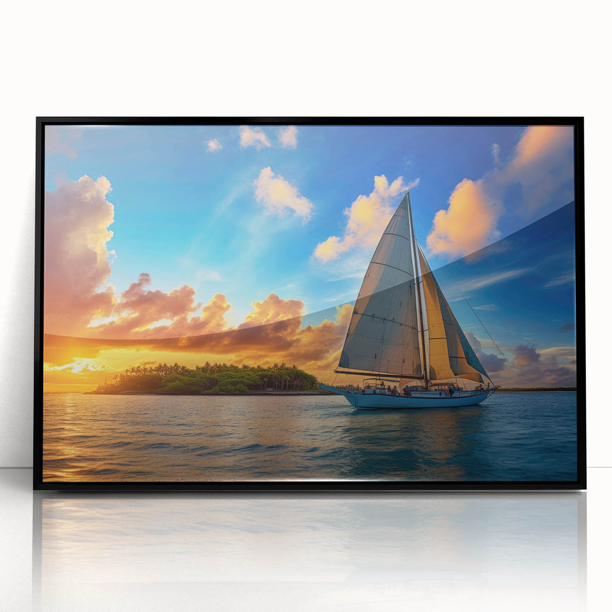 Large abstract wall art featuring a sailboat in muted blue and white tones, framed in black acrylic.