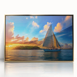 Mid-century modernist art of a sailboat on acrylic print, featuring pastel blue and gold tones, ideal for nursery wall art.