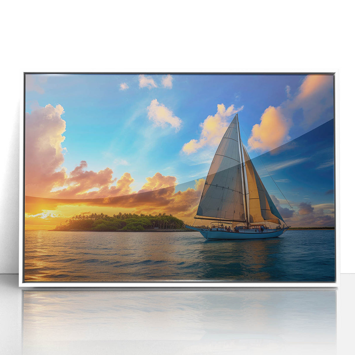 Framed acrylic print of a mid-century modernist sailboat, in muted blue and white tones, ideal for modern art wall decor.