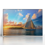 Framed acrylic print of a mid-century modernist sailboat, in muted blue and white tones, ideal for modern art wall decor.