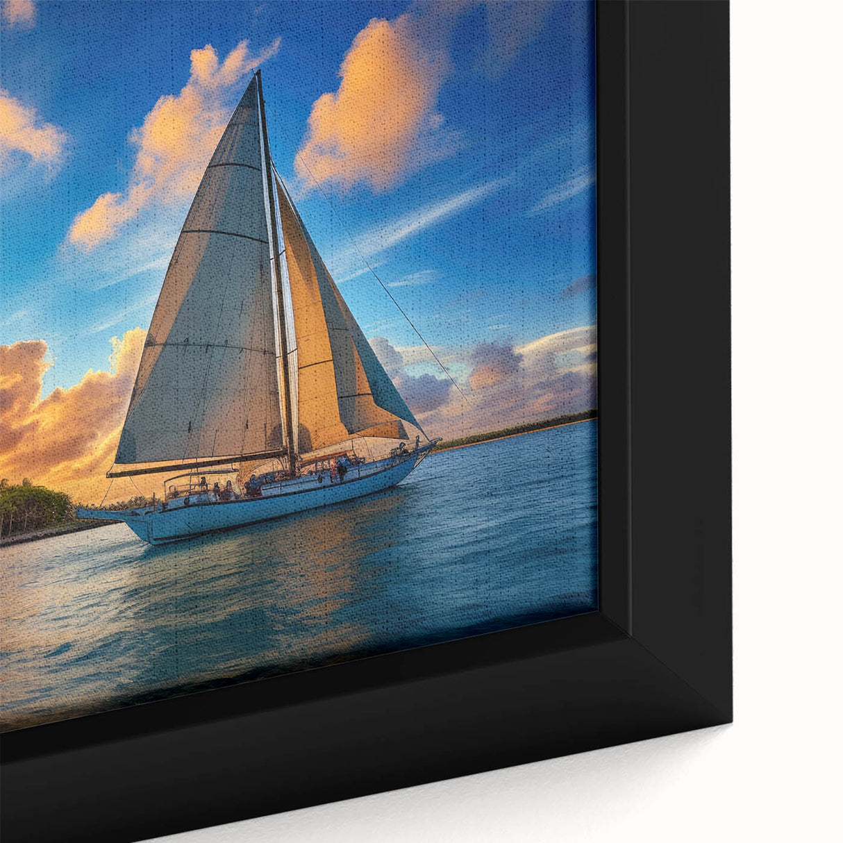Framed canvas featuring a close-up of a black sailboat with colorful, textured art in extra large format.