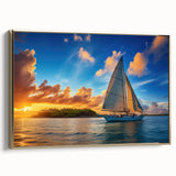 Framed canvas depicting a vintage sailboat on a colorful ocean landscape, ideal for enhancing a nautical-themed room decor.