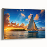 Vintage poster art of a sailboat, featuring colorful art on black background in a silver frame.