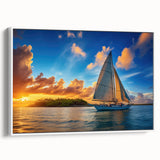 Framed canvas featuring a vintage sailboat on a calm sea in muted black and white, ideal for bedroom wall art.