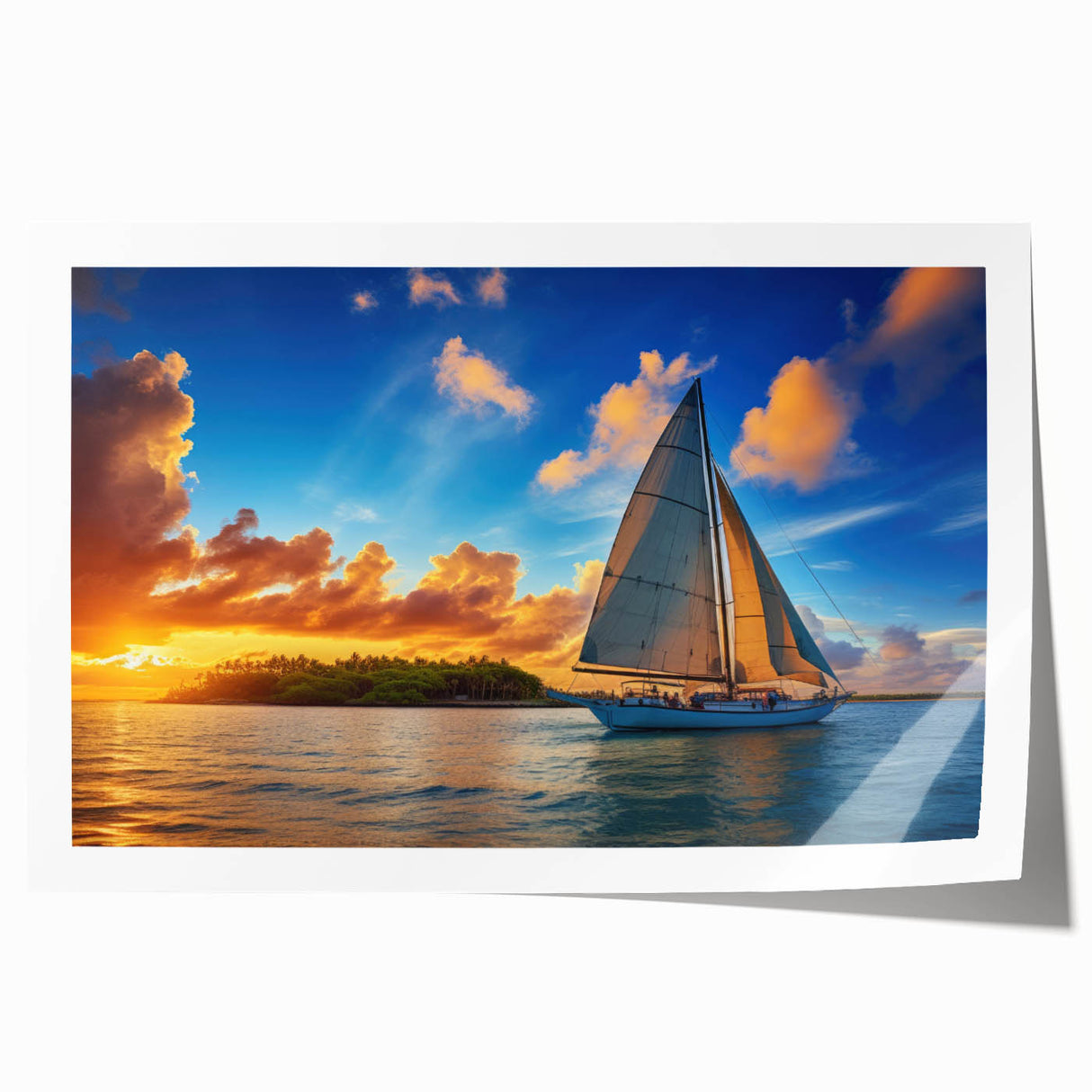 Sailboat on calm waters in muted blue and gray tones, rolled print, ideal for art wall dining room.