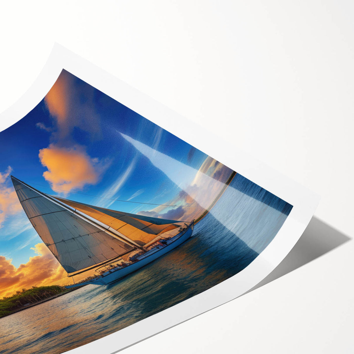 Extra large wall art of a sailboat on a rolled canvas, depicted in vibrant blue and white tones.