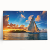 Black and white photograph of a sailboat on calm waters, printed on large stretched canvas.