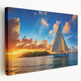 Large art of a sailboat on a vibrant blue sea, printed on stretched canvas, suitable for kitchen wall art.