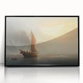 Large abstract wall art of a sailboat, in muted blue and gray tones, framed in black acrylic.