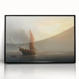 Large abstract wall art of a sailboat, in muted blue and gray tones, framed in black acrylic.