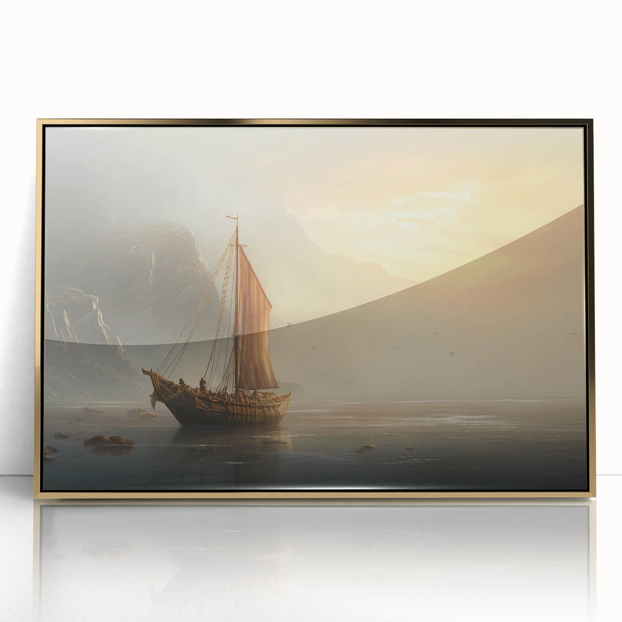 Mid-century modernist art of a sailboat on acrylic, featuring muted blues and whites, ideal for nursery wall art.