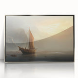 Art deco style sailboat poster in muted blue and gray, framed in silver acrylic, suitable for modern nursery wall decor.