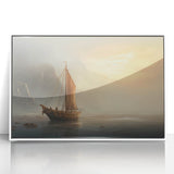 Framed acrylic print of a mid-century modernist style sailboat in neutral tones, suitable for nursery wall art.