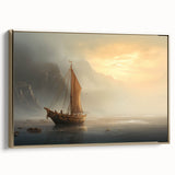Framed canvas featuring a vintage-style sailboat on a colorful sea, ideal for enhancing a nautical-themed room decor.