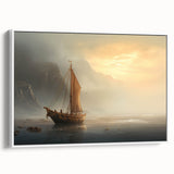 Sailboat on calm waters framed canvas wall art in muted blue and gray tones, suitable for bedroom decor.