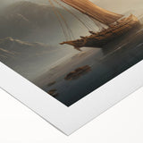 Art deco poster of a sailboat, executed in cool blue and white tones on a rolled canvas.