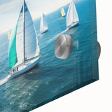 Large abstract sailboat print in shades of blue and white on acrylic glass.