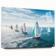 Acrylic print of a sailboat in muted blue and white tones, suitable for bedroom or dining room decor.