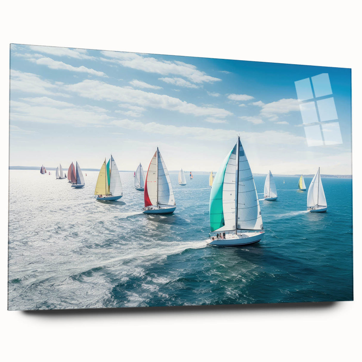 Side view of a large abstract sailboat print on acrylic glass, with cool blue and white hues.