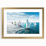 Textured abstract art print of a sailboat in muted blue and white tones on a framed canvas, suitable for bedroom decor.