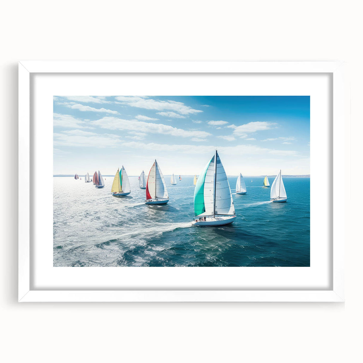 A large abstract art print of sailboats with textured blue and white hues, framed in white, ideal for living room decor.
