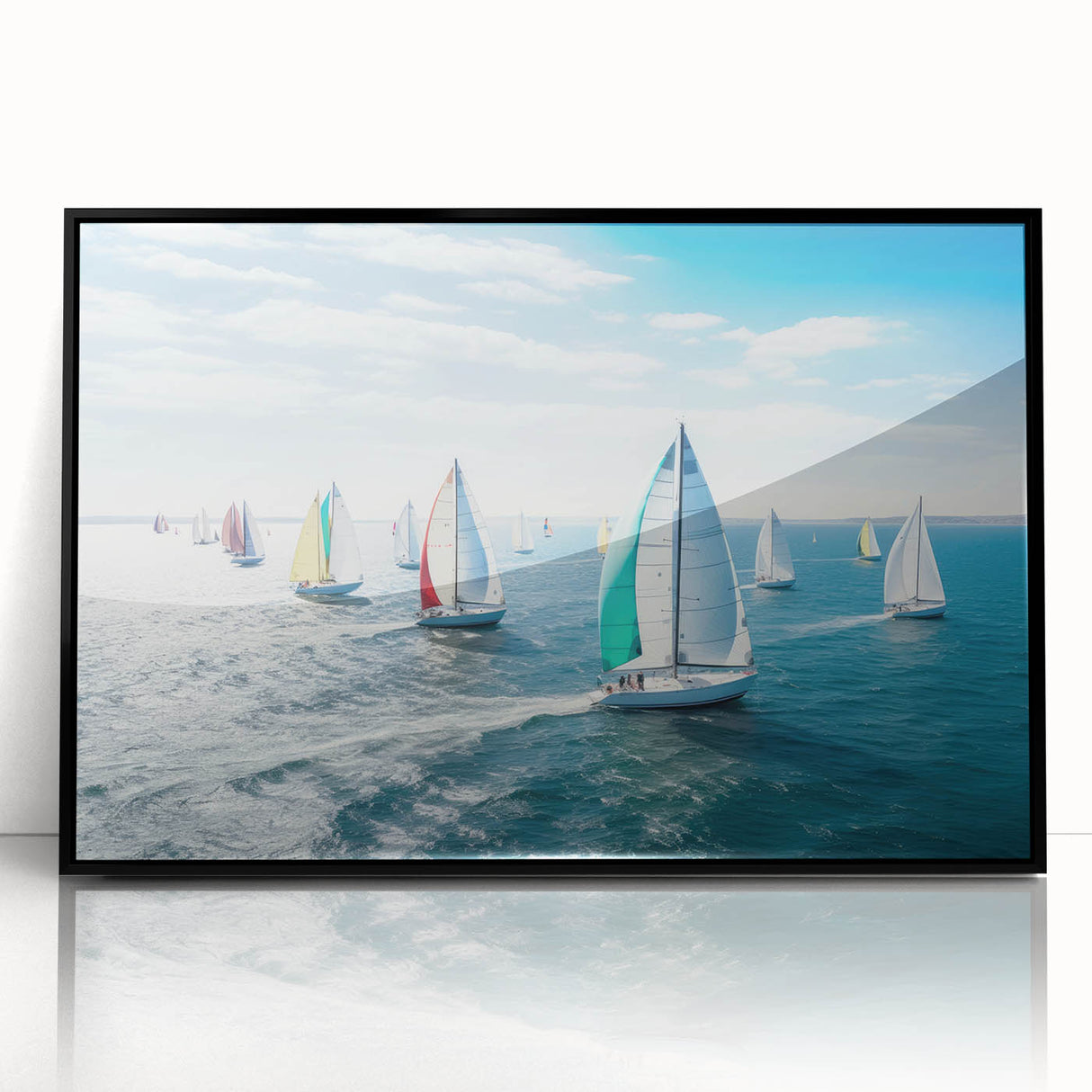 Large abstract wall art featuring a minimalist sailboat design in black and white on a framed acrylic.