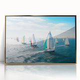 Mid-century modernist art of a sailboat on acrylic, framed in gold, using a palette of blue and white.