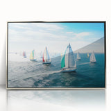 Art deco poster of a sailboat in silver and blue tones, acrylic print in silver frame, suitable for modern art wall decor.